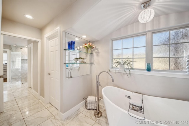 122 Osage Ridge Dr, Sand Springs, OK 74063 - bathroom with walk in shower, baseboards, a freestanding bath, recessed lighting, and marble finish floor