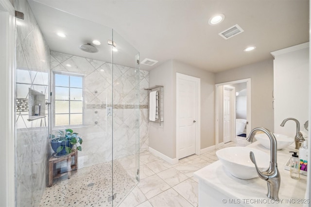122 Osage Ridge Dr, Sand Springs, OK 74063 - bathroom with baseboards, visible vents, recessed lighting, a shower stall, and marble finish floor