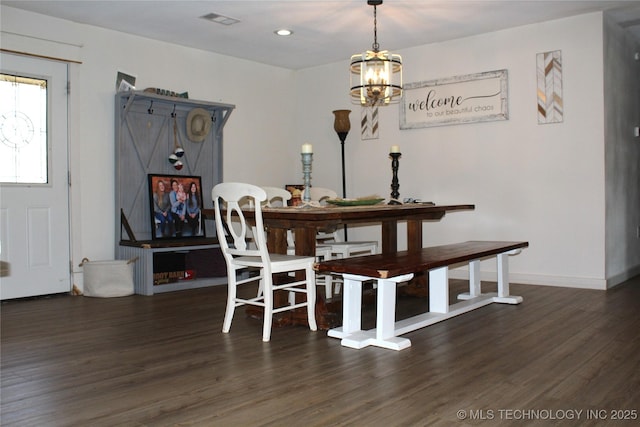 dining space featuring visible vents, a chandelier, baseboards, wood finished floors, and recessed lighting