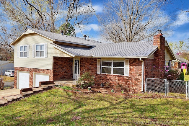 1004 S Owens Ave, Tahlequah, OK 74464 - split level home featuring brick siding, metal roof, a chimney, and a garage