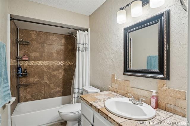 bathroom with toilet, a textured ceiling, shower / bath combination with curtain, vanity, and a textured wall