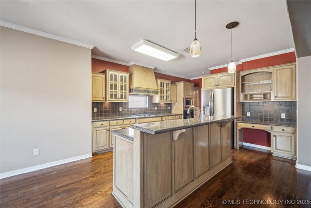 11727 S 91st E Ave, Bixby, OK 74008 - kitchen with custom exhaust hood, open shelves, crown molding, decorative backsplash, and dark wood finished floors