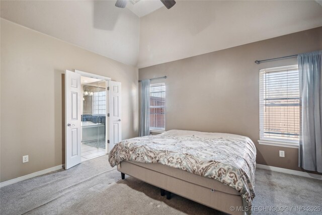 11727 S 91st E Ave, Bixby, OK 74008 - bedroom with carpet, baseboards, ensuite bathroom, ceiling fan, and high vaulted ceiling