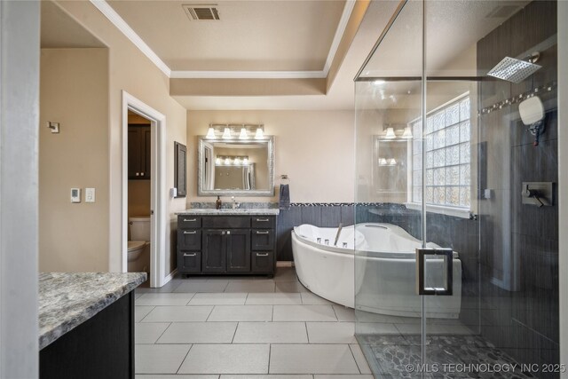 11727 S 91st E Ave, Bixby, OK 74008 - full bath featuring vanity, toilet, a garden tub, a shower stall, and crown molding