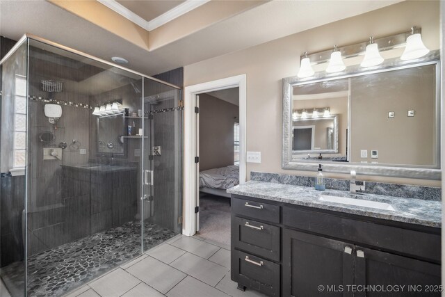 11727 S 91st E Ave, Bixby, OK 74008 - bathroom with crown molding, vanity, a shower stall, ensuite bathroom, and tile patterned floors