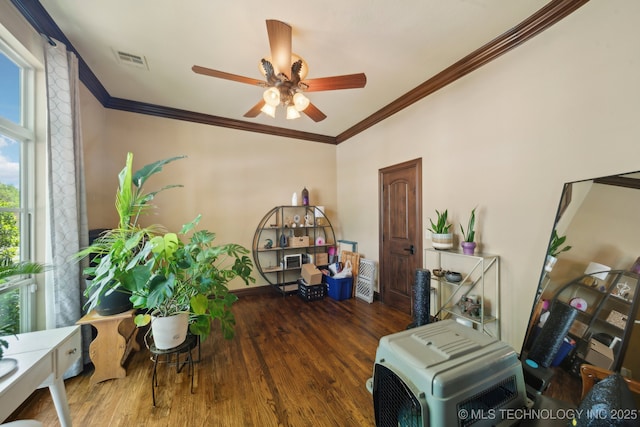 10848 S 95th E Ave, Tulsa, OK 74133 - interior space featuring wood finished floors, a ceiling fan, visible vents, and ornamental molding