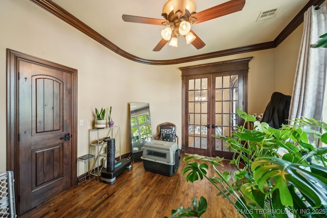 10848 S 95th E Ave, Tulsa, OK 74133 - sitting room with ceiling fan, dark wood-style flooring, visible vents, french doors, and crown molding