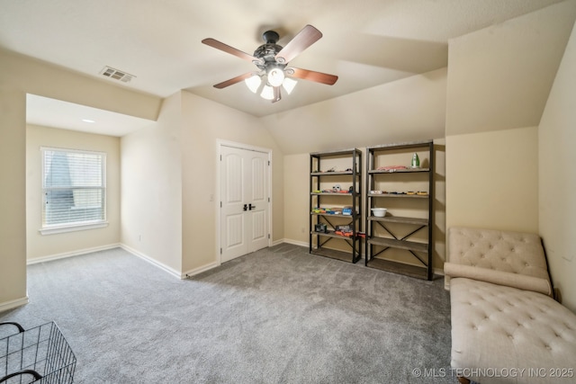 10848 S 95th E Ave, Tulsa, OK 74133 - unfurnished room featuring carpet, vaulted ceiling, baseboards, visible vents, and a ceiling fan