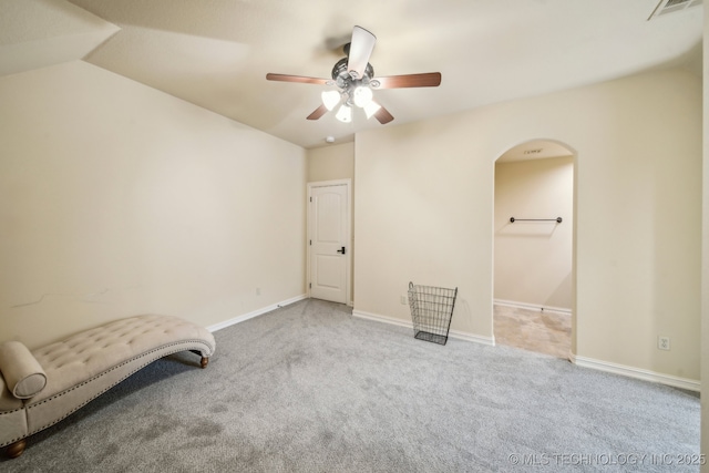 10848 S 95th E Ave, Tulsa, OK 74133 - unfurnished bedroom featuring ceiling fan, visible vents, carpet, baseboards, and arched walkways