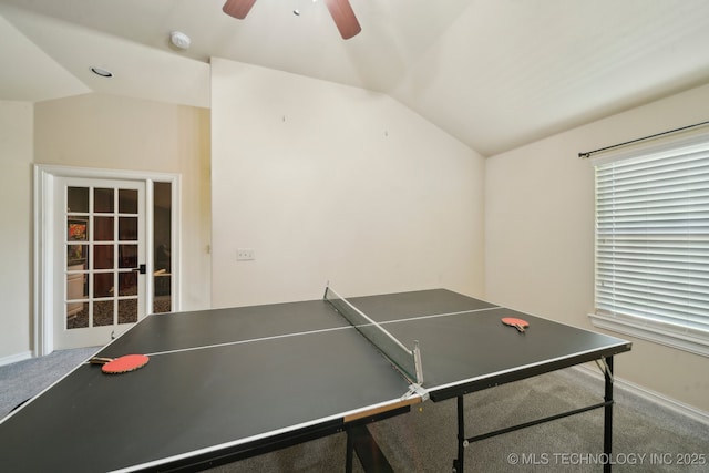 10848 S 95th E Ave, Tulsa, OK 74133 - playroom featuring lofted ceiling, carpet floors, baseboards, and ceiling fan