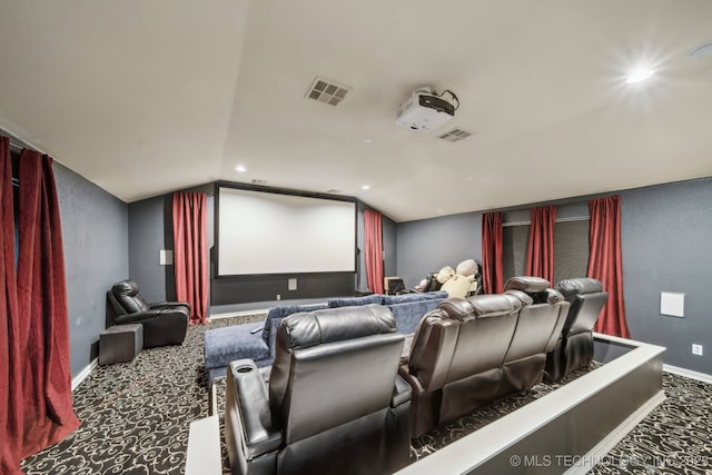 10848 S 95th E Ave, Tulsa, OK 74133 - home theater featuring carpet, visible vents, lofted ceiling, and baseboards