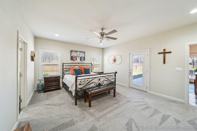 11210 W 178th St, Skiatook, OK 74070 - bedroom with access to outside, baseboards, carpet, recessed lighting, and a ceiling fan