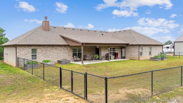11210 W 178th St, Skiatook, OK 74070 - rear view of house featuring brick siding, a patio, a chimney, and a shingled roof