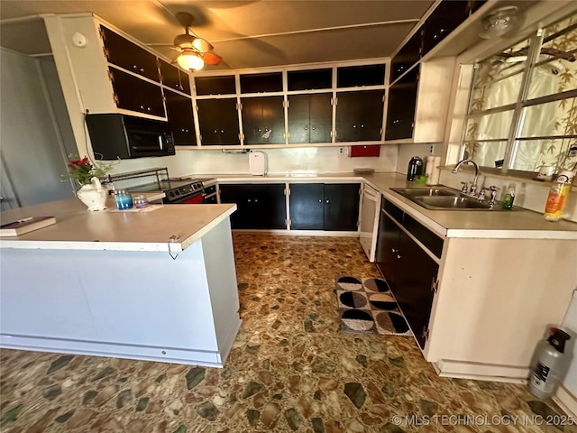 kitchen featuring a sink, open shelves, electric range oven, black microwave, and ceiling fan