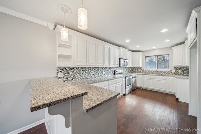 6924 S Knoxville Ave, Tulsa, OK 74136 - kitchen featuring stainless steel appliances, a peninsula, open shelves, white cabinets, and recessed lighting