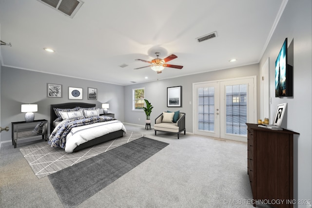 6924 S Knoxville Ave, Tulsa, OK 74136 - bedroom with french doors, carpet flooring, crown molding, access to exterior, and recessed lighting