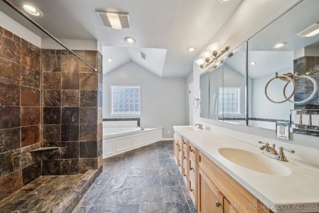 6924 S Knoxville Ave, Tulsa, OK 74136 - full bath with vaulted ceiling, a bath, healthy amount of natural light, double vanity, and tiled shower
