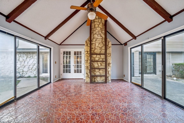 6924 S Knoxville Ave, Tulsa, OK 74136 - unfurnished living room with beamed ceiling, high vaulted ceiling, ceiling fan, and french doors
