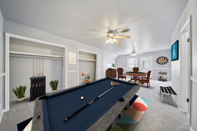 6924 S Knoxville Ave, Tulsa, OK 74136 - game room featuring carpet flooring, a ceiling fan, and pool table