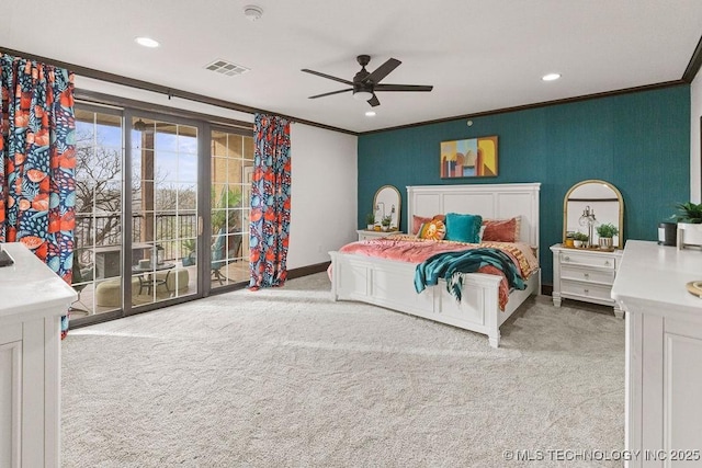 carpeted bedroom with recessed lighting, visible vents, ornamental molding, baseboards, and access to outside