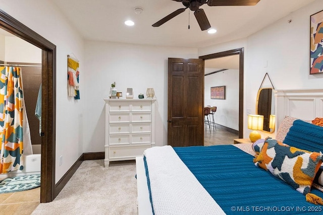 carpeted bedroom featuring a ceiling fan, baseboards, recessed lighting, and a closet