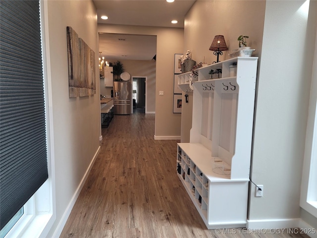 117700 S 4214th Rd, Eufaula, OK 74432 - mudroom featuring wood finished floors, recessed lighting, a chandelier, and baseboards