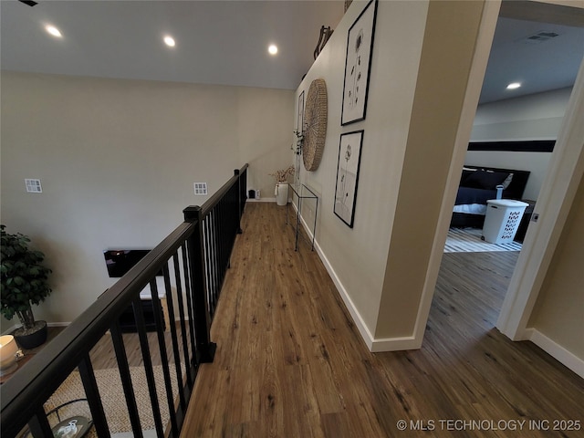 117700 S 4214th Rd, Eufaula, OK 74432 - hallway featuring an upstairs landing, wood finished floors, baseboards, and recessed lighting