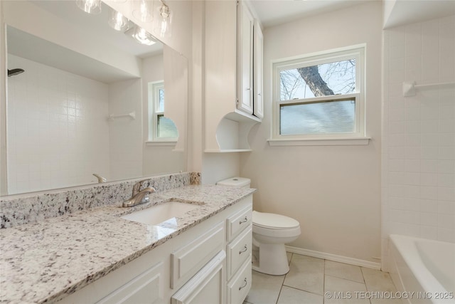 bathroom with toilet, shower / washtub combination, tile patterned flooring, baseboards, and vanity