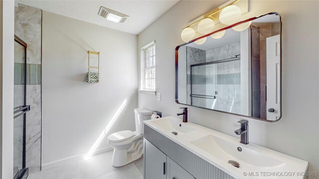 full bathroom with a stall shower, visible vents, toilet, and a sink