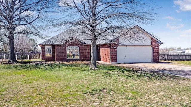 single story home featuring brick siding, fence, and concrete driveway