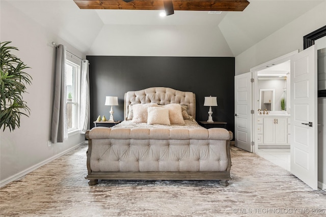 4515 S Retana Pl, Broken Arrow, OK 74011 - bedroom featuring vaulted ceiling, baseboards, light wood-type flooring, and ensuite bathroom