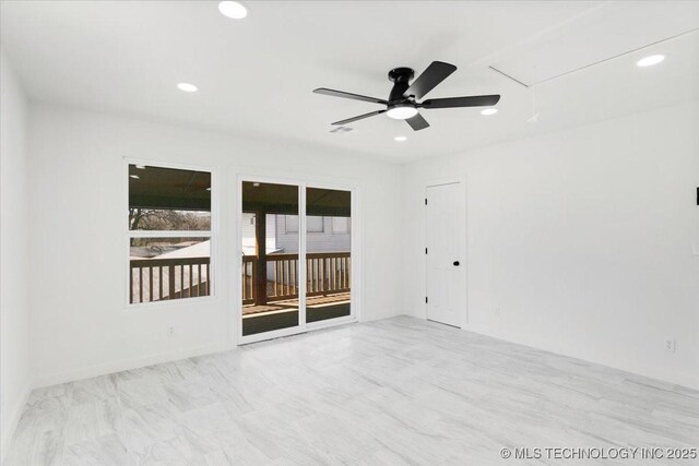 62 Jolene Reid Rd, Mead, OK 73449 - unfurnished room featuring a ceiling fan, attic access, recessed lighting, and visible vents