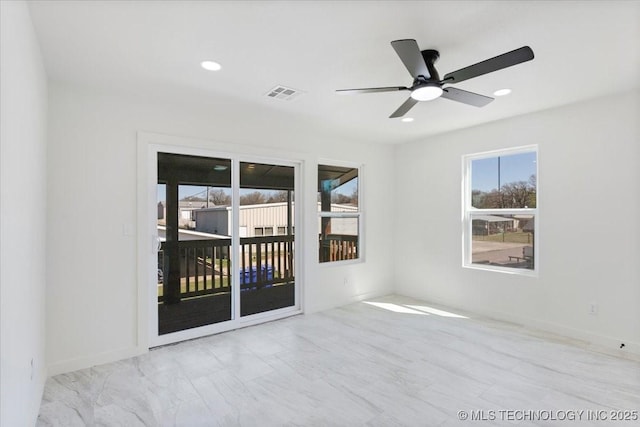 62 Jolene Reid Rd, Mead, OK 73449 - spare room featuring a ceiling fan, recessed lighting, visible vents, and baseboards