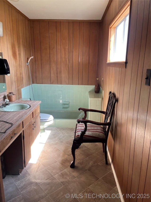 bathroom with vanity, wooden walls, and toilet