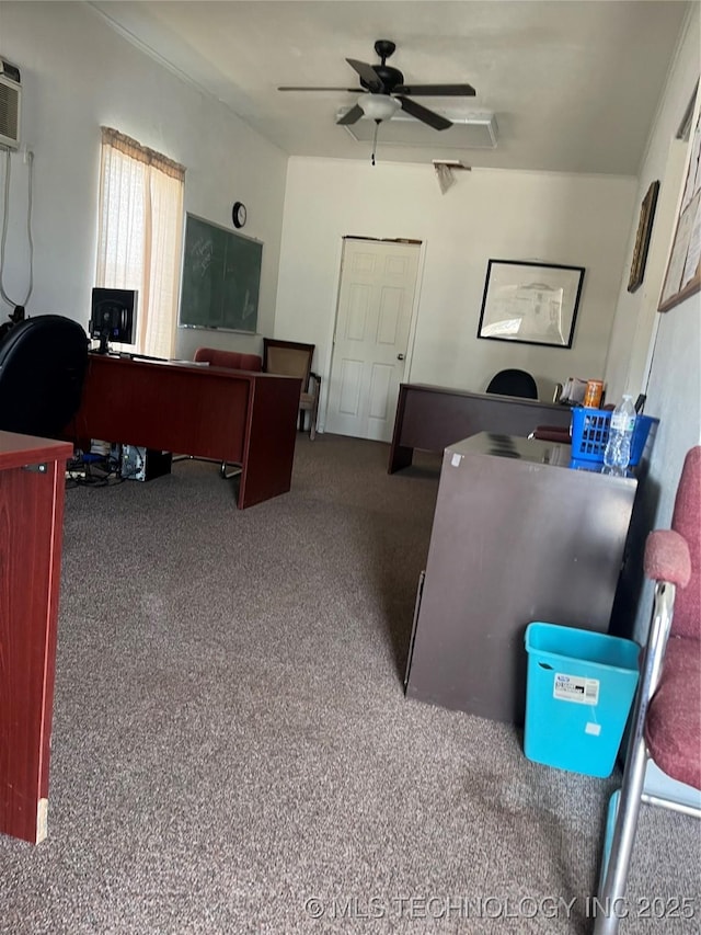 office space featuring carpet flooring and a ceiling fan
