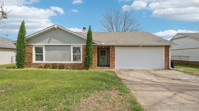 313 S Fairfax Ave, Skiatook, OK 74070 - single story home with concrete driveway, an attached garage, a front lawn, brick siding, and a chimney