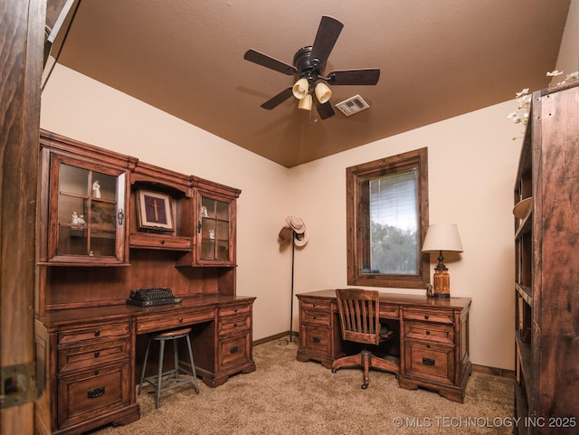358653 E 5700th Rd, Jennings, OK 74038 - office with light carpet, a ceiling fan, visible vents, and baseboards
