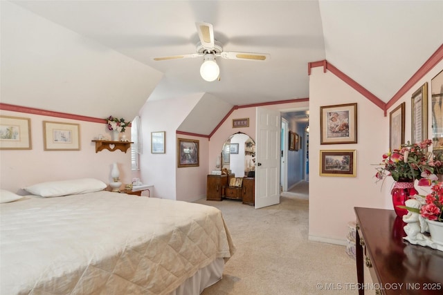 108 S Bettes Ave, Wagoner, OK 74467 - bedroom with crown molding, vaulted ceiling, baseboards, ceiling fan, and light carpet