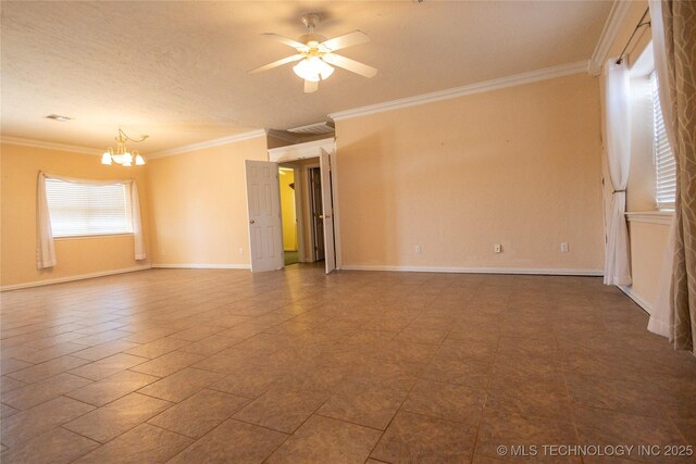 2 Aspen, Davis, OK 73030 - spare room featuring a textured ceiling, visible vents, baseboards, ornamental molding, and ceiling fan with notable chandelier
