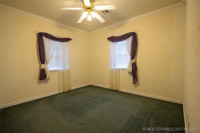 2 Aspen, Davis, OK 73030 - empty room featuring dark carpet, crown molding, baseboards, visible vents, and ceiling fan