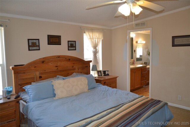 17414 Bridgeview Rd, Madill, OK 73446 - bedroom featuring light carpet, visible vents, connected bathroom, and ornamental molding