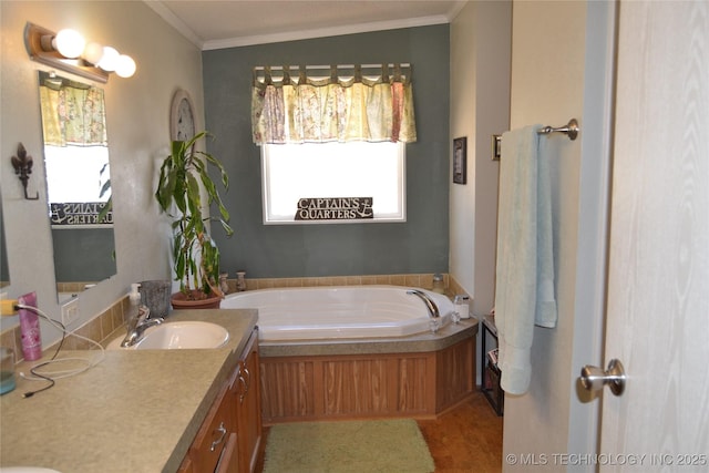 17414 Bridgeview Rd, Madill, OK 73446 - full bathroom with ornamental molding, a garden tub, and vanity
