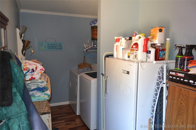 17414 Bridgeview Rd, Madill, OK 73446 - washroom with ornamental molding, independent washer and dryer, laundry area, and wood finished floors