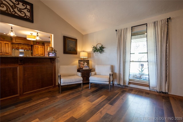 living area featuring lofted ceiling and dark wood finished floors