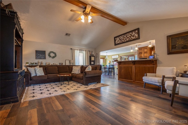 living room with high vaulted ceiling, beam ceiling, wood finished floors, visible vents, and ceiling fan