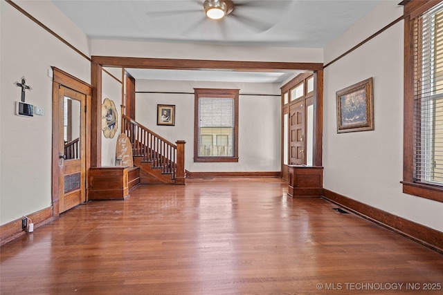 121 F SW, Ardmore, OK 73401 - foyer with wood finished floors, a ceiling fan, and stairway