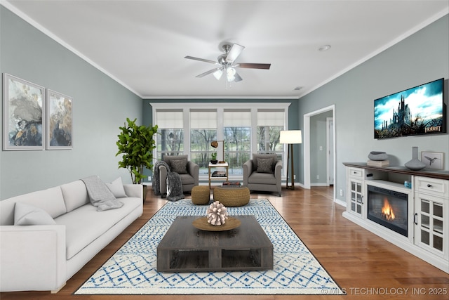 living area featuring crown molding, ceiling fan, and wood finished floors