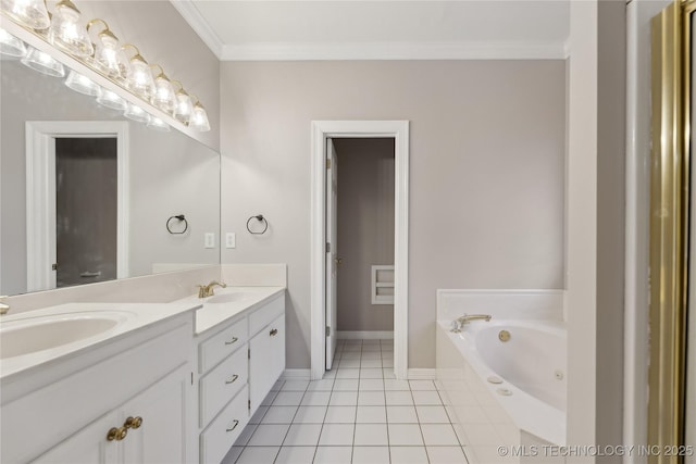 bathroom with crown molding, a sink, tile patterned flooring, double vanity, and a tub with jets