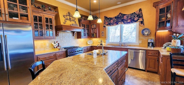 23280 E Horseshoe Bend Rd, Park Hill, OK 74451 - kitchen with appliances with stainless steel finishes, backsplash, light stone countertops, and ornamental molding