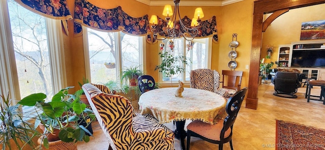 23280 E Horseshoe Bend Rd, Park Hill, OK 74451 - dining room with a chandelier, ornamental molding, light tile patterned floors, and healthy amount of natural light